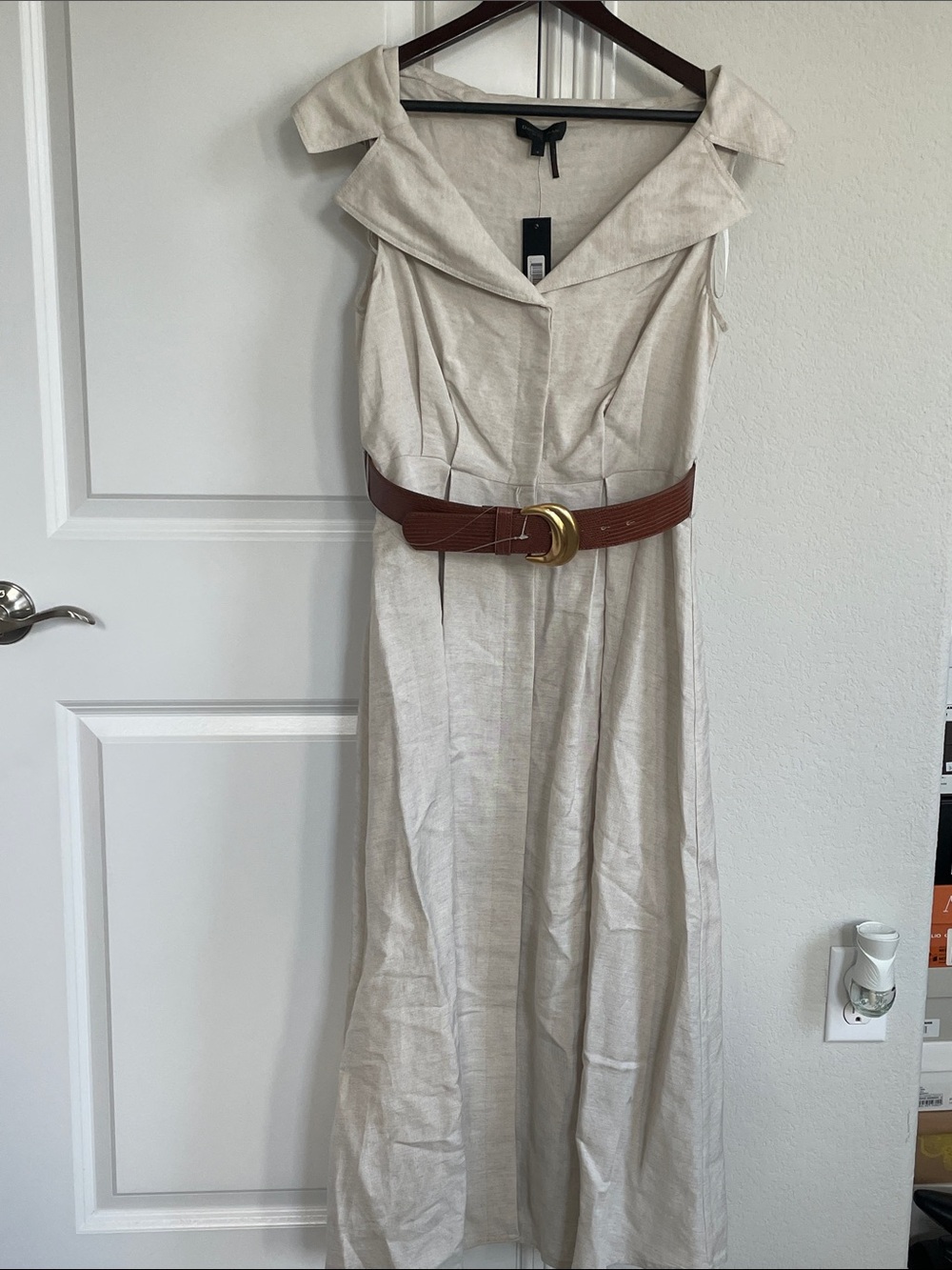 Donna Karan Linen blend off the shoulder midi dress with caramel and gold belt
